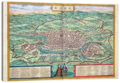Map of Rome, from 'Civitates Orbis Terrarum' by Georg Braun  Canvas Art Print - Rome Maps