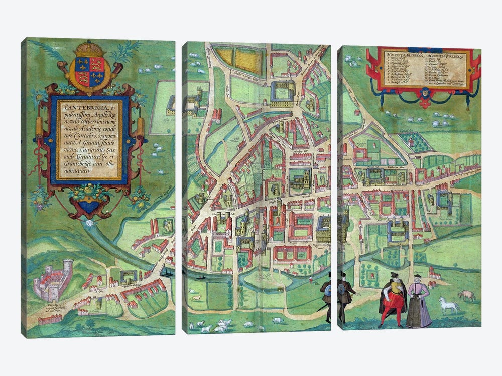 Map of Cambridge, from 'Civitates Orbis Terrarum' by Georg Braun  by Joris Hoefnagel 3-piece Canvas Wall Art