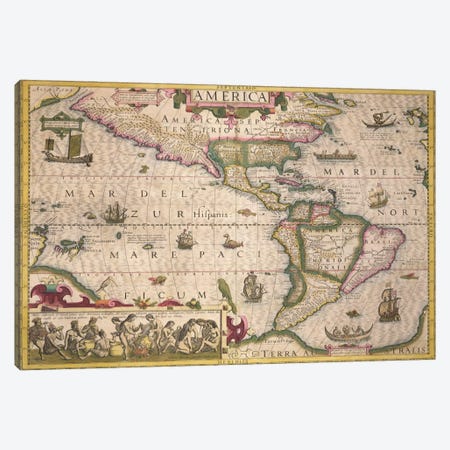 Map of America, from the Mercator 'Atlas', pub. by Jodocus Hondius  Canvas Print #BMN1703} by Dutch School Art Print