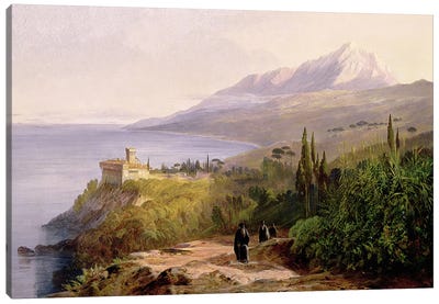 Mount Athos and the Monastery of Stavroniketes, 1857  Canvas Art Print - Edward Lear