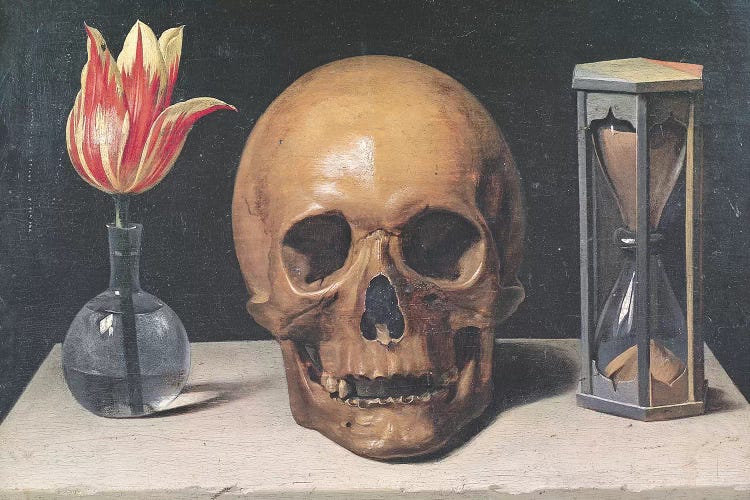 Vanitas Still Life with a Tulip, Skull and Hour-Glass 