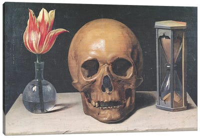Vanitas Still Life with a Tulip, Skull and Hour-Glass  Canvas Art Print - Botanical Still Life