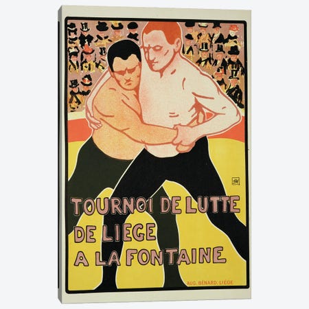 Reproduction of a poster advertising a wrestling tournament, at The Fountain, Liege, Belgium, 1899  Canvas Print #BMN1783} by Armand Rossenfosse Art Print