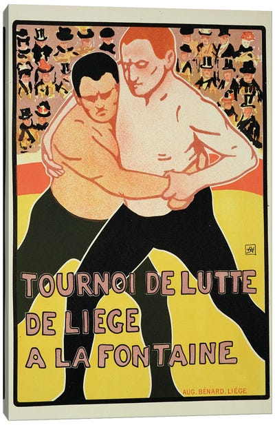 Reproduction of a poster advertising a wrestling tournament, at The Fountain, Liege, Belgium, 1899  Canvas Art Print