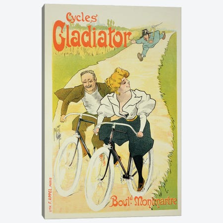 Reproduction of a poster advertising 'Gladiator Cycles', Boulevard Montmartre, Paris, 1895  Canvas Print #BMN1794} by Ferdinand Misti-Mifliez Canvas Print
