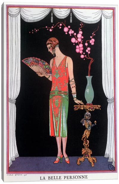 Worth evening dress, fashion plate from Gazette du Bon Ton, 1925 (litho) Canvas Art Print - Art Deco