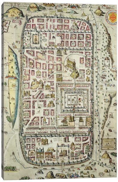 Map of Jerusalem and the surrounding area, from 'Civitates Orbis Terrarum' Canvas Art Print - Jerusalem