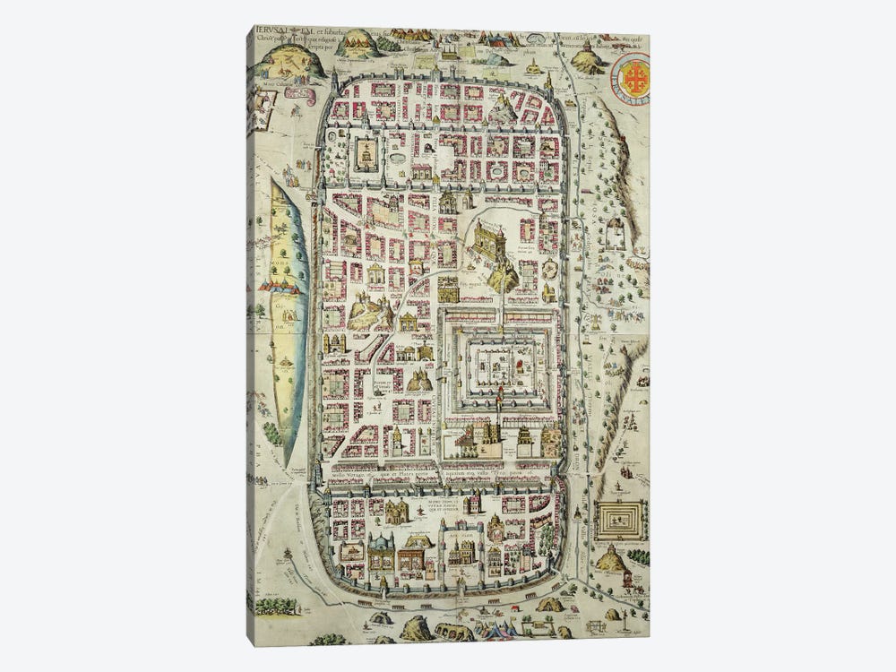 Map of Jerusalem and the surrounding area, from 'Civitates Orbis Terrarum' by Joris Hoefnagel 1-piece Canvas Art Print