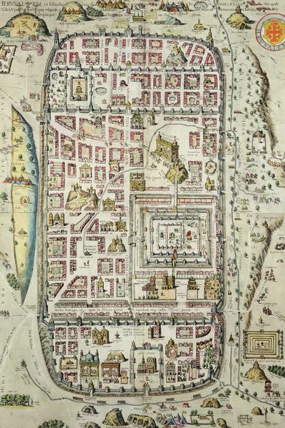 Israel: Map of Jerusalem and the surrounding area, from 'Civitates Orbis Terrarum' by Joris Hoefnagel