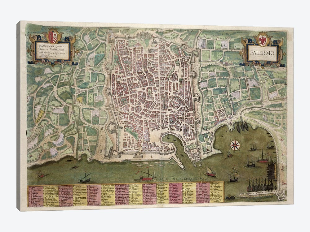 Map of Palermo, from 'Civitates Orbis Terrarum' by Georg Braun  1-piece Canvas Artwork