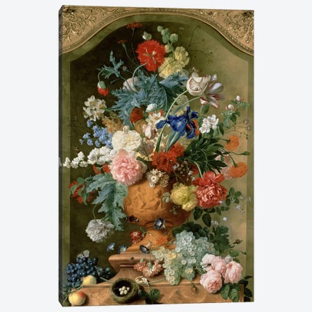 Flowers in a Terracotta Vase, 1736  Canvas Print #BMN190} by Jan van Huysum Canvas Wall Art