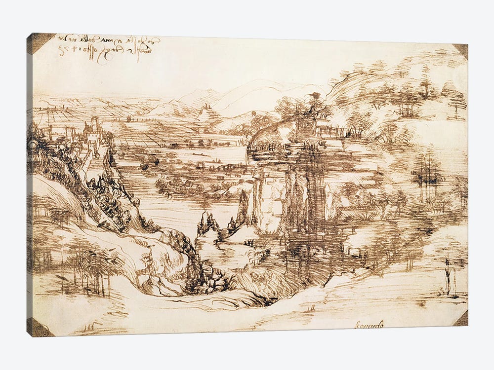 Arno Landscape, 5th August, 1473  by Leonardo da Vinci 1-piece Canvas Art