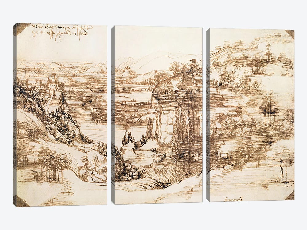 Arno Landscape, 5th August, 1473  by Leonardo da Vinci 3-piece Canvas Artwork