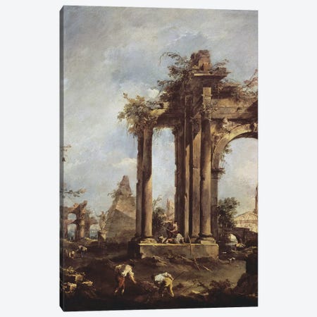 Capriccio with Roman Ruins, a Pyramid and Figures, 1760-70  Canvas Print #BMN208} by Francesco Guardi Canvas Artwork