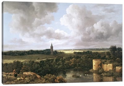 Landscape with Ruined Castle and Church, c.1665-70  Canvas Art Print - Dutch Golden Age Art