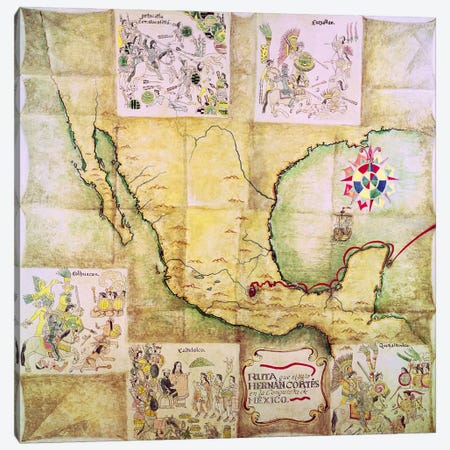 Map of the route followed by Hernando Cortes  Canvas Print #BMN2148} by Mexican School Canvas Art Print