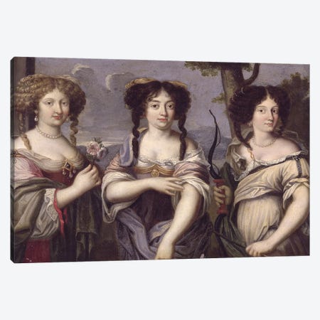 Portrait of three of the nieces of Cardinal Mazarin portrayed as goddesses, Venus, Juno and Diana  Canvas Print #BMN2220} by French School Canvas Artwork