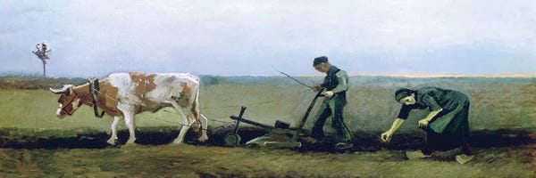 Farms: Labourer and Peasant Planting Potatoes, 1884  by Vincent van Gogh