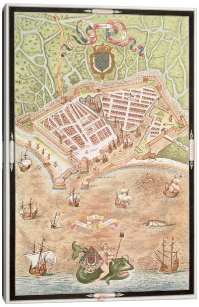 Fascimile of a Plan of Le Havre in 1583, from 'Les Premiers Oeuvres de Jacques Devaulx Pillote en la Marine'  Canvas Art Print