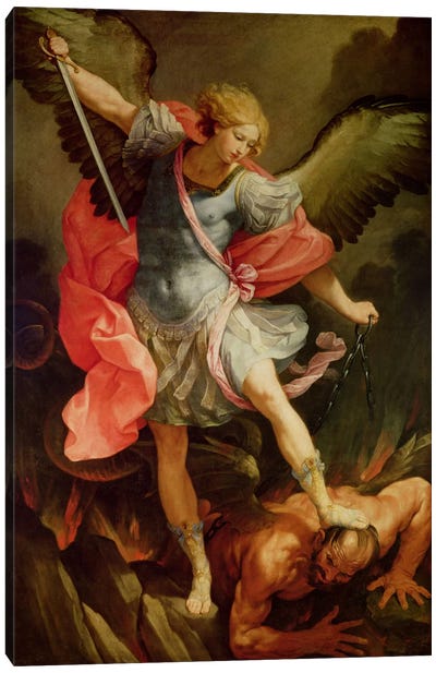 The Archangel Michael defeating Satan  Canvas Art Print - Religious Figure Art