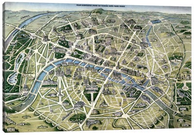 Map of Paris during the period of the 'Grands Travaux' by Baron Georges Haussmann  Canvas Art Print - Paris Maps