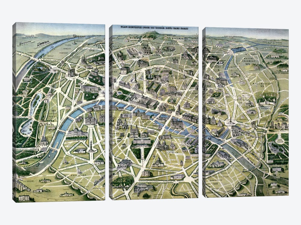 Map of Paris during the period of the 'Grands Travaux' by Baron Georges Haussmann  by Hilaire Guesnu 3-piece Canvas Print