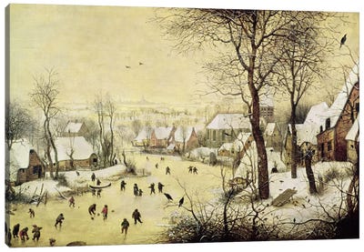 Winter Landscape with Skaters and a Bird Trap, 1565  Canvas Art Print - Pieter Brueghel