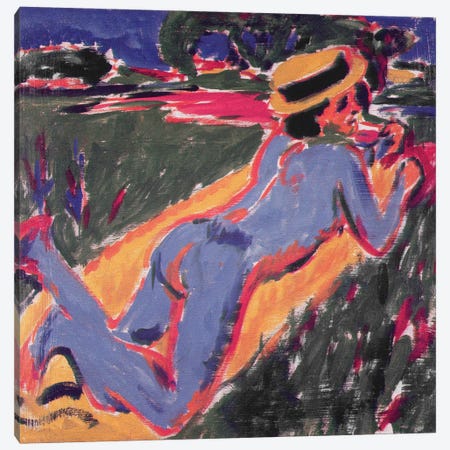 Blue Reclining Nude with a Straw Hat, 1908  Canvas Print #BMN2613} by Ernst Ludwig Kirchner Canvas Art Print