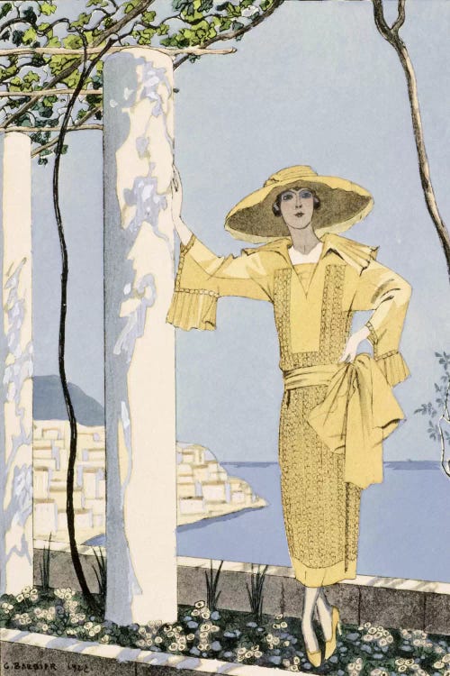 Amalfi, illustration of a woman in a yellow dress by Worth, 1922 (pochoir print)