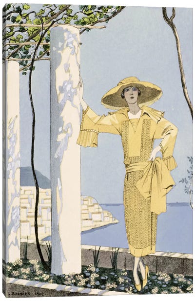 Amalfi, illustration of a woman in a yellow dress by Worth, 1922 (pochoir print) Canvas Art Print - Amalfi Coast Art