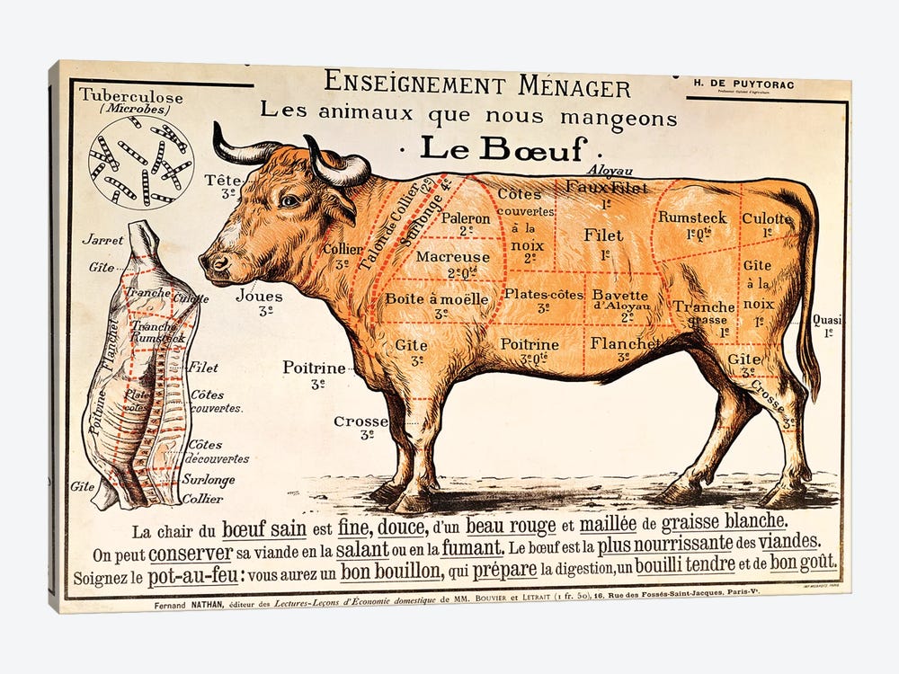 Beef: diagram depicting the different cuts of meat  1-piece Art Print