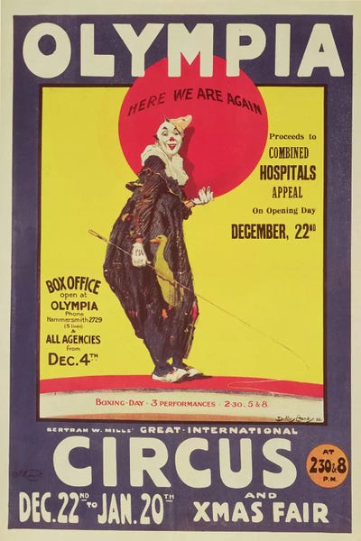 Evil Clowns: Bertram Mills circus poster, 1922  by Dudley Hardy