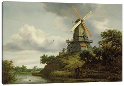 Windmill by a River  Canvas Art Print - Watermills & Windmills