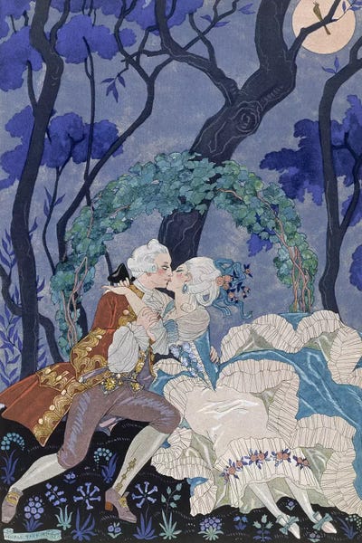 George Barbier: Secret Kiss, illustration for 'Fetes Galantes' by Paul Verlaine  by George Barbier