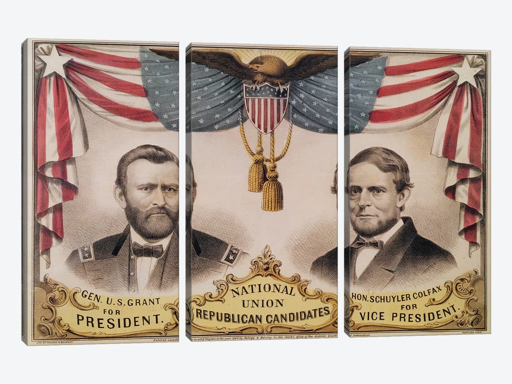 Electoral poster for the U.S.A. Presidential election of 1868 depicting Ulysses S. Grant and Schuyler Colfax, 1868  by American School 3-piece Canvas Wall Art