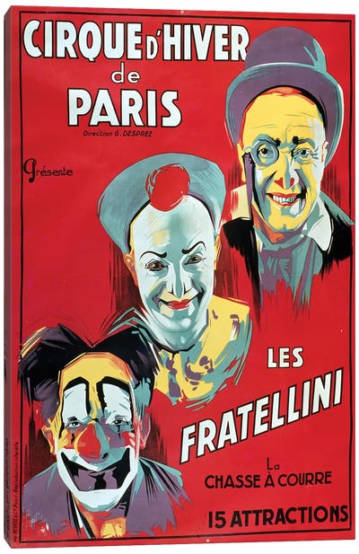 Poster advertising the 'Cirque d'Hiver de Paris' featuring the Fratellini Clowns, c.1927  Canvas Art Print