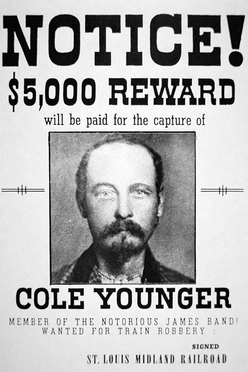 Reward poster for Thomas Cole Younger 