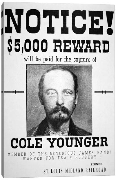 Reward poster for Thomas Cole Younger  Canvas Art Print - Gangster & Criminal Art