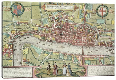 Map of London, from 'Civitates Orbis Terrarum' by Georg Braun  Canvas Art Print - London Maps
