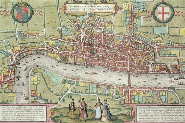 Large Map Art - Canvas Prints: Map of London, from 'Civitates Orbis Terrarum' by Georg Braun  by Joris Hoefnagel