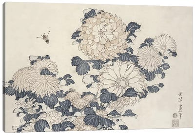 Bee And Chrysanthemums Canvas Art Print - Japanese Culture