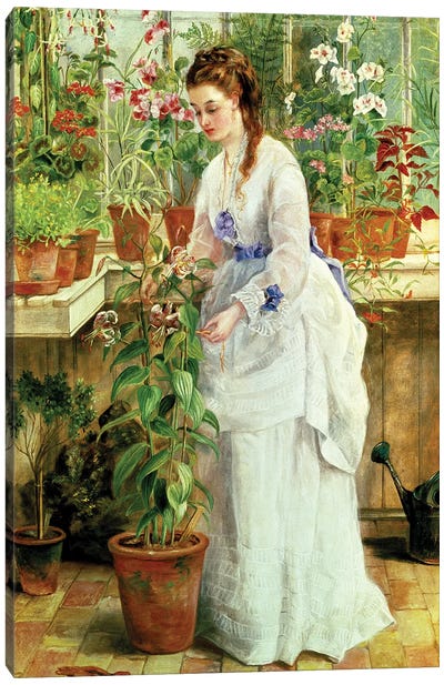 Young Lady in a Conservatory Canvas Art Print - Plant Mom