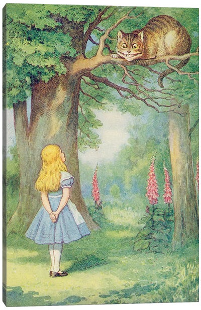 Alice and the Cheshire Cat, illustration from 'Alice in Wonderland' by Lewis Carroll  Canvas Art Print - Cheshire Cat