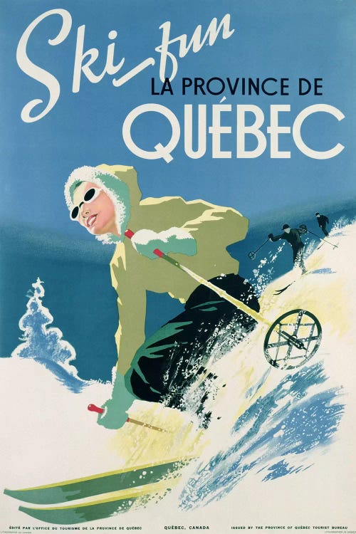 Poster advertising skiing holidays in the province of Quebec, c.1938  by Canadian School wall art