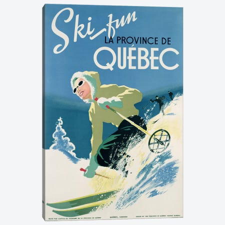 Poster advertising skiing holidays in the province of Quebec, c.1938  Canvas Print #BMN3119} by Canadian School Art Print