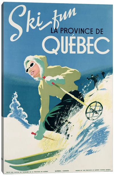 Poster advertising skiing holidays in the province of Quebec, c.1938  Canvas Art Print - Canadian Culture