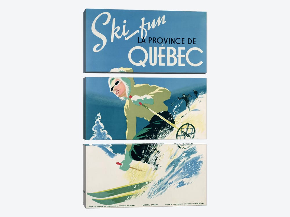 Poster advertising skiing holidays in the province of Quebec, c.1938  by Canadian School 3-piece Canvas Wall Art