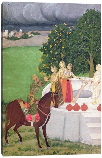 A Prince begging water from women at a well, Mughal, c.1720  Canvas Art Print