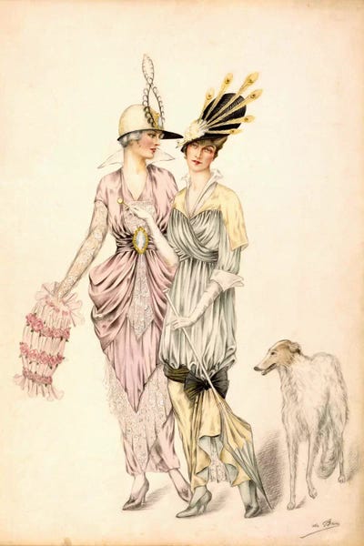 Greyhounds: Two dresses for the Goodwood Races, c.1920 (colour litho) by Unknown Artist