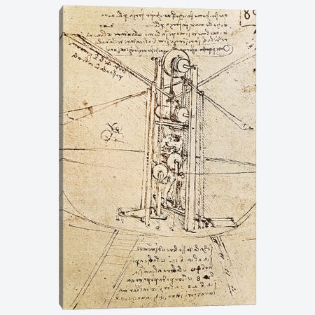 Vertically Standing Bird's-winged Flying Machine, fol. 80r from Paris Manuscript B, 1488-90  Canvas Print #BMN3277} by Leonardo da Vinci Canvas Print